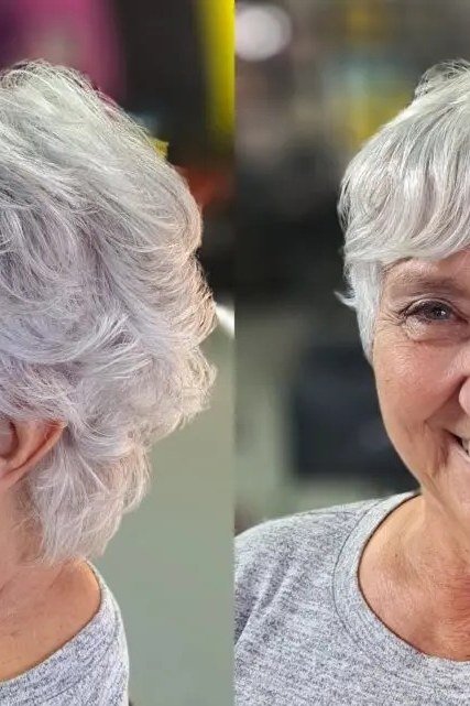 Silver pixie, soft feathered layers, front and side views for women over 60