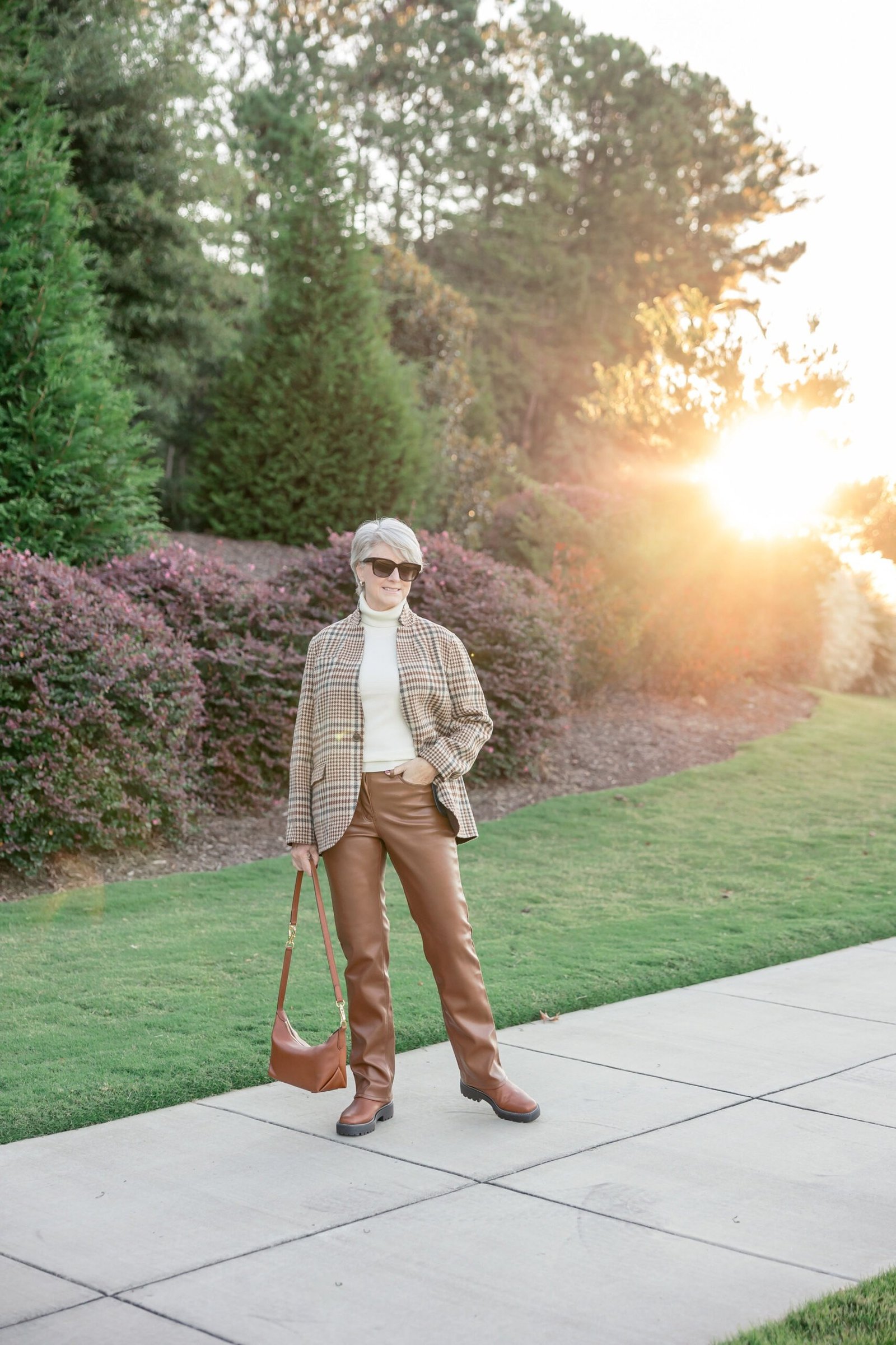 Beige blazer with tan trousers fall outfit idea for women over 60