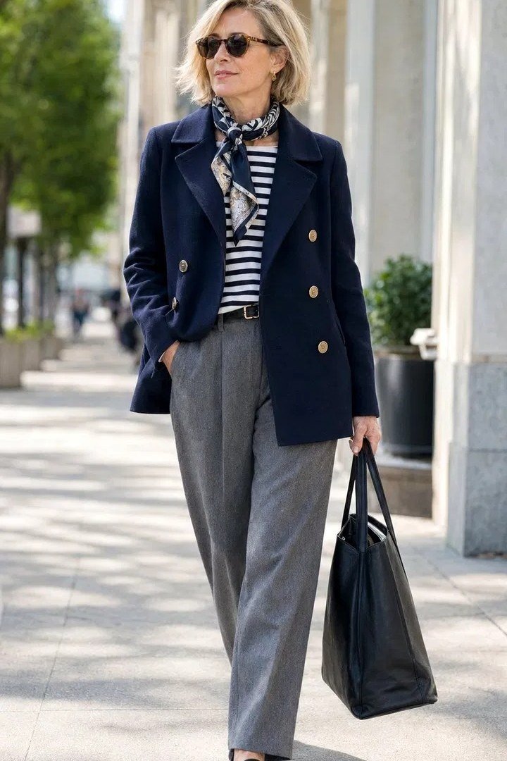 navy double-breasted blazer with striped top and grey trousers for women over 50