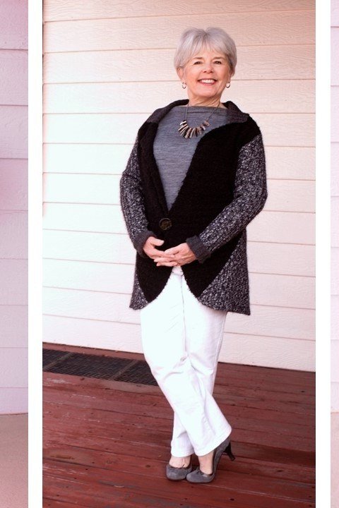 Neutral outfit ideas for women over 50 in beige black and white