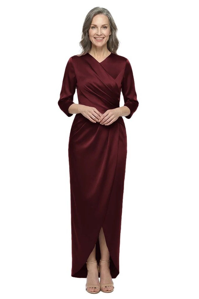 Wine-red satin wrap midi dress with slit for women over 50, fall date night outfit