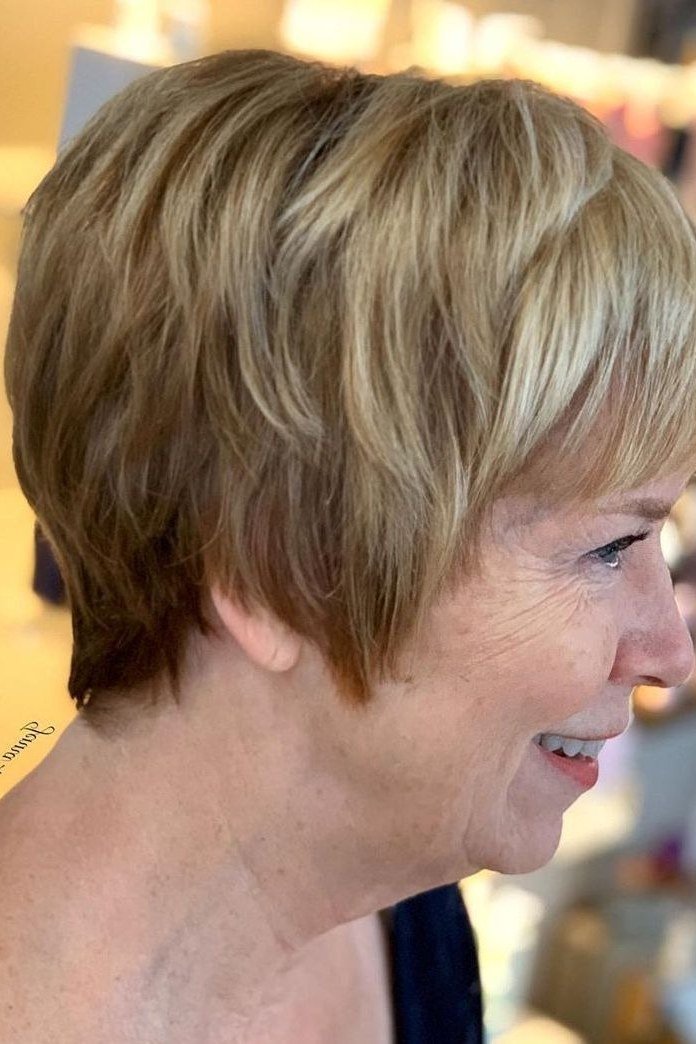 Blonde short pixie, side view - wispy hairstyle for women over 40