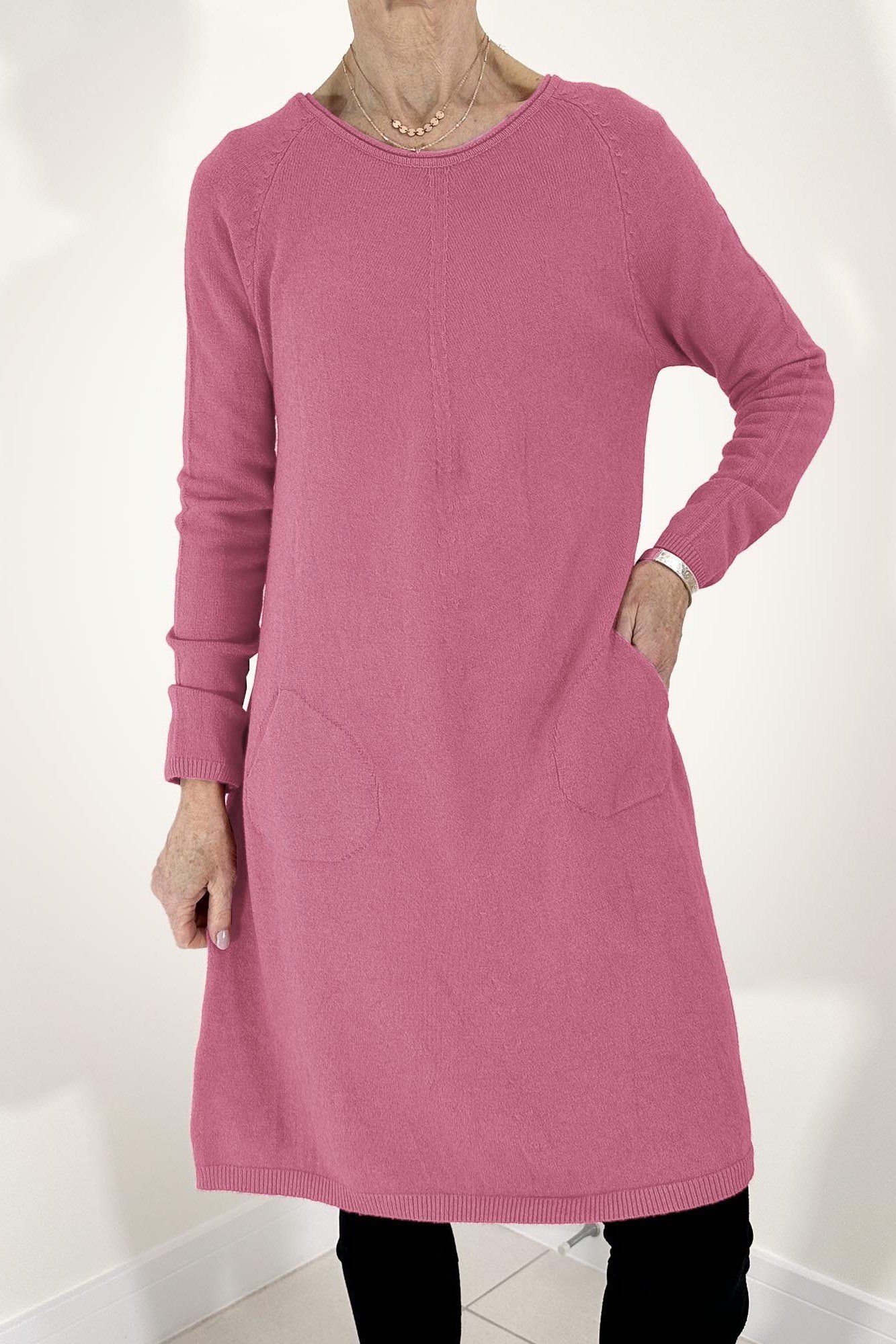 dusty pink ribbed knit midi for women over 60