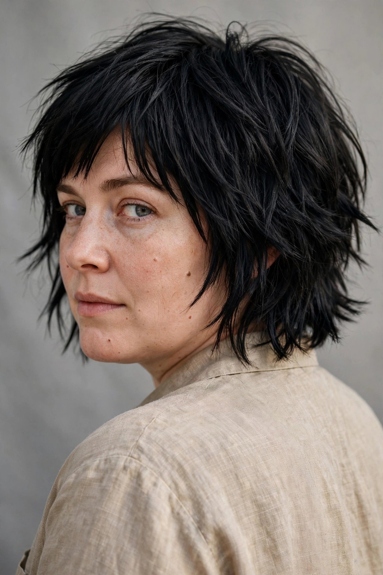 Jet black shaggy bob for thin fine hair