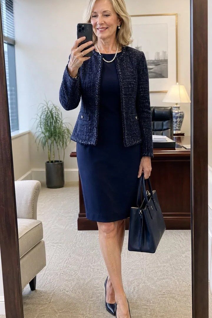 Navy tweed jacket navy skirt suit, office mirror selfie - business casual work outfit for women over 50