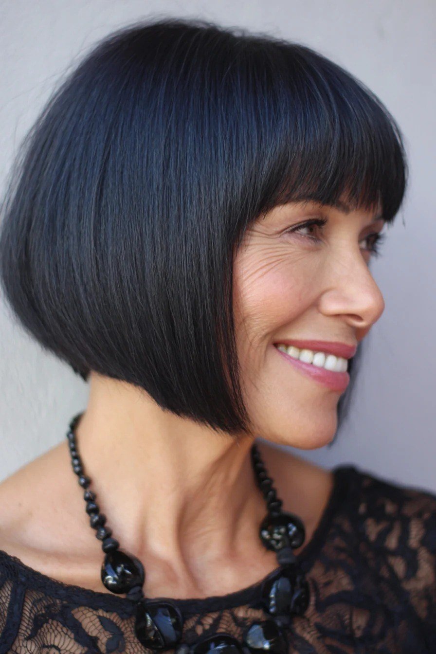 Jet Black Bob with Blunt Bangs, chic bob haircut for women over 50