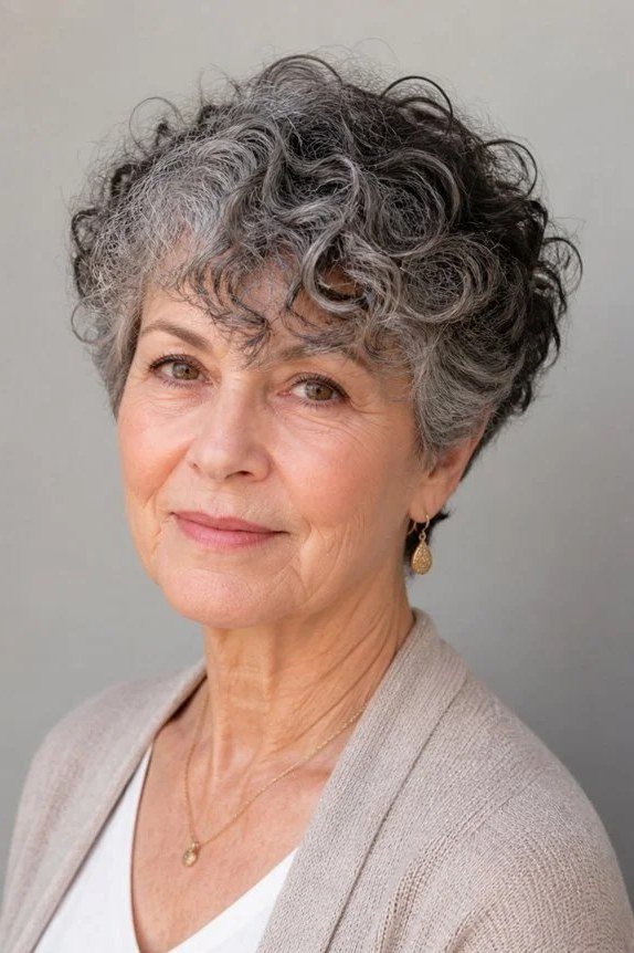 Side-swept salt-and-pepper curly bob for older women