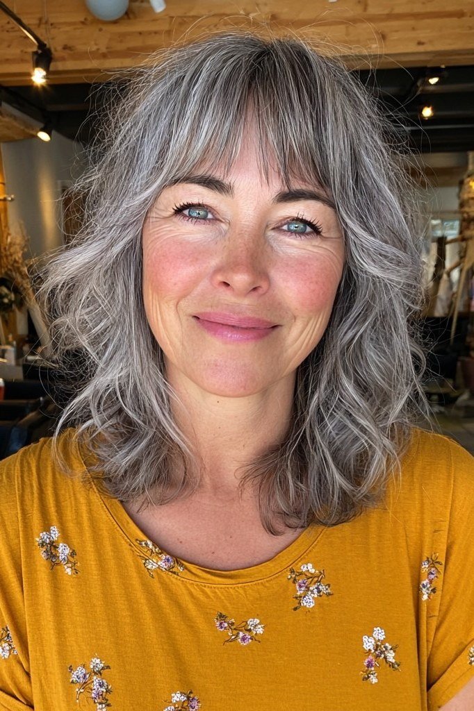 Gray wavy lob with soft bangs for women over 40