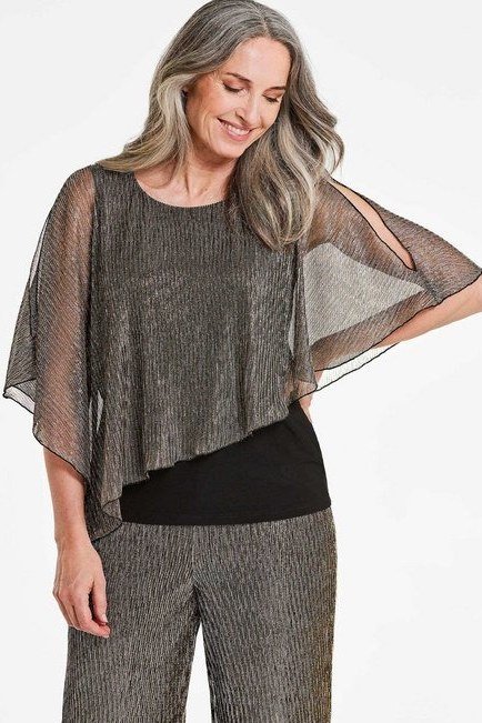 Gray Sheer Cape-Overlay Top with Metallic Trousers - evening outfit for women over 60