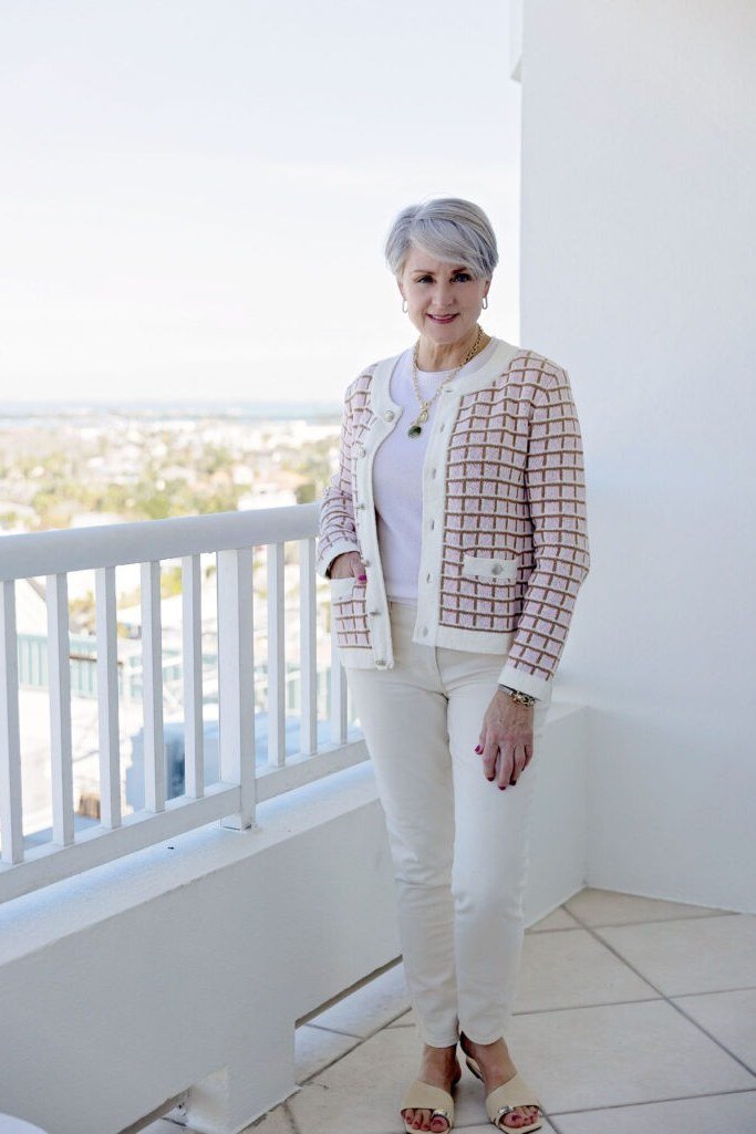 Tweed jacket with white trousers for women over 70