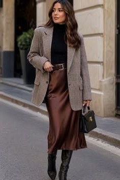 Grey blazer with black top and brown satin midi skirt with boots
