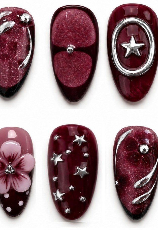 Burgundy press on nails with star and floral art for women over 50