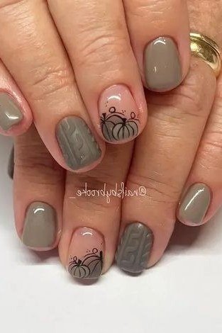 Sage grey with pumpkin art short square, elegant fall nail design for women over 40