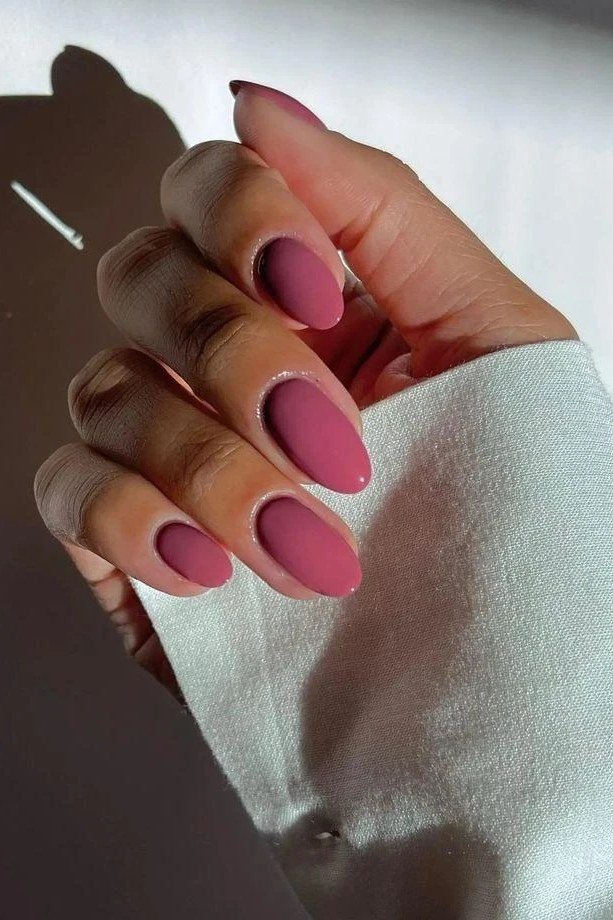 Short Matte Pink Mauve Almond Nails, elegant mauve nail idea for women over 60