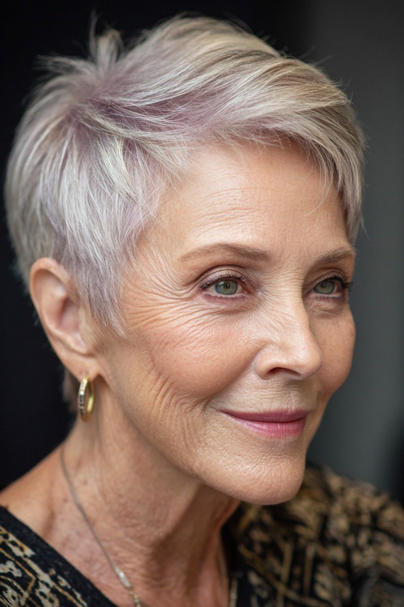 Layered silver pixie haircut for women over 70