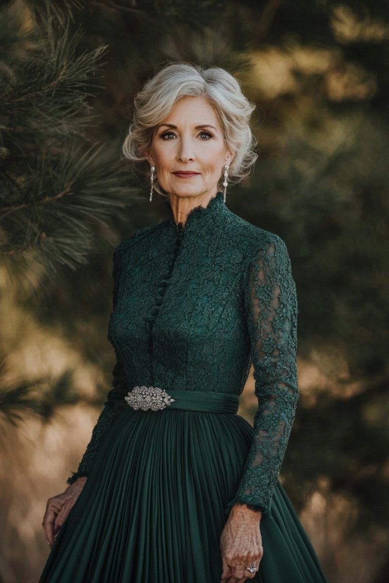 emerald green lace long-sleeve gown with jeweled belt, outdoor,, elegant wedding guest dress for women over 60