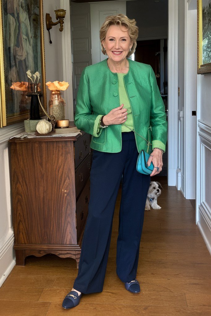 Emerald Green Blazer With Navy Tailored Trousers, smart casual outfit for women over 50