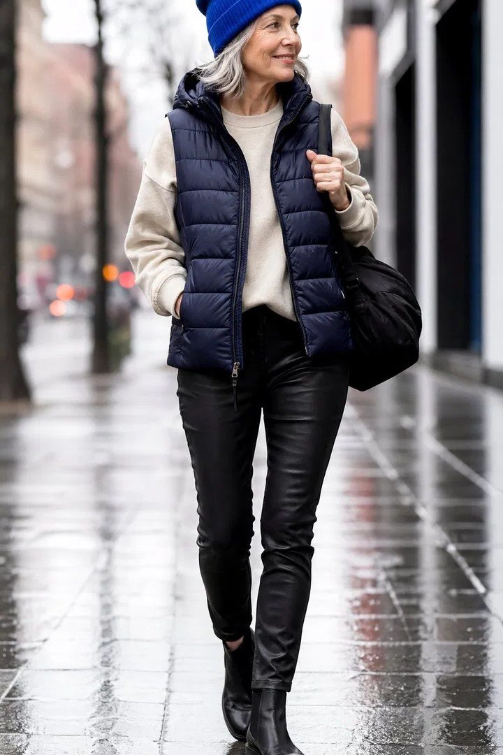 Easy casual outfit idea for women over 50: navy puffer vest and black leggings, older woman everyday style