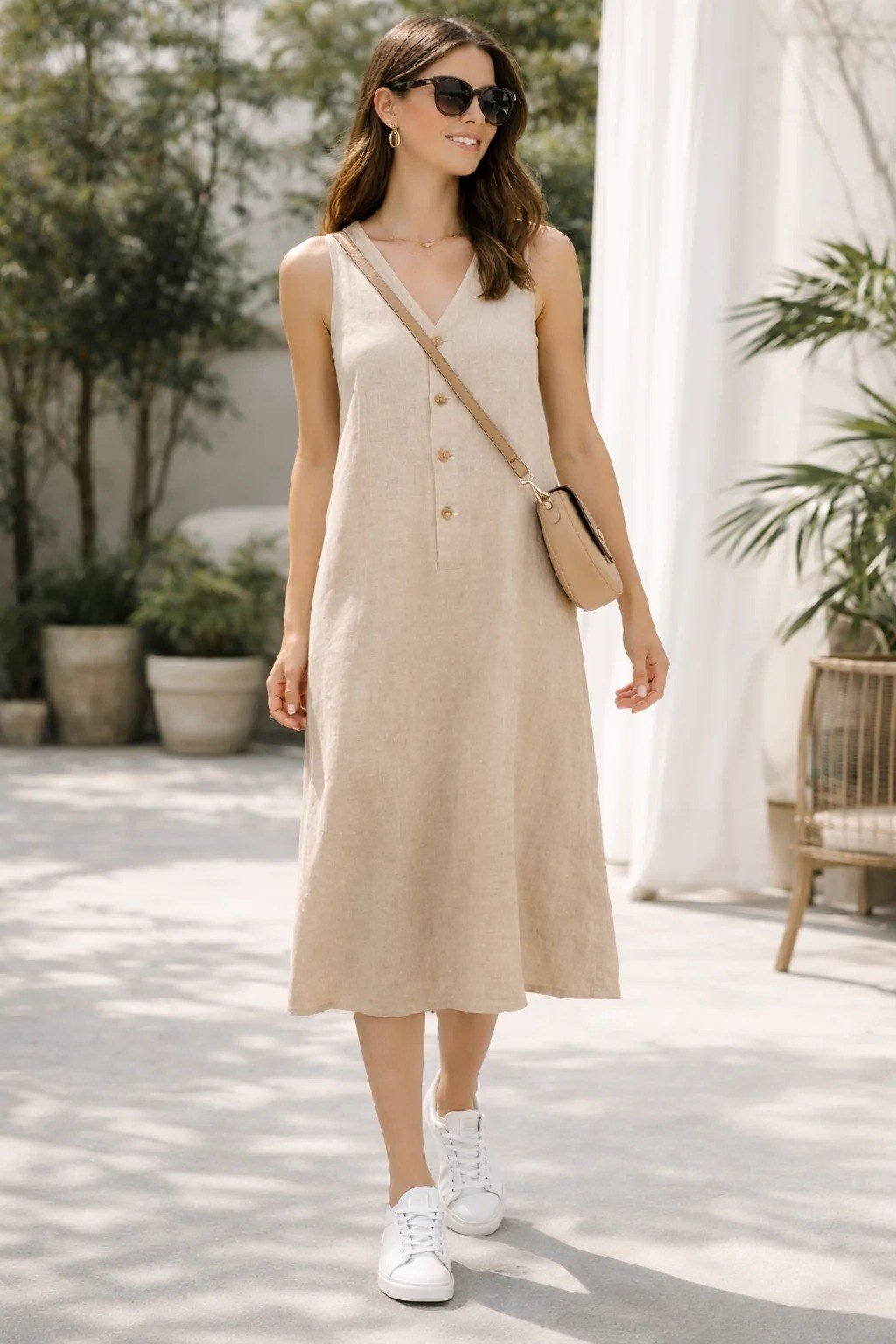 Sand button-front midi dress with white sneakers and crossbody, terrace for women over 60