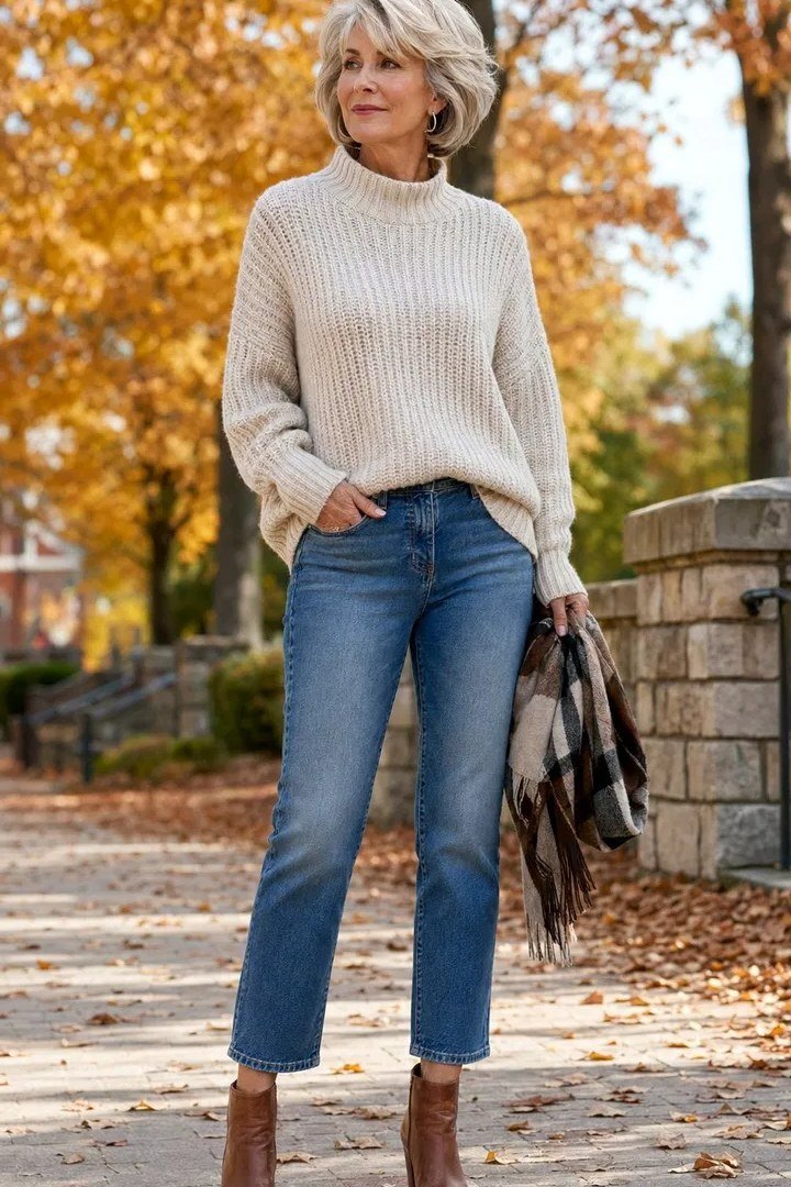 cream sweater and jeans in the park fall outfit for women over 60