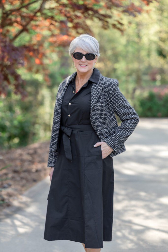 Black knee-length midi dress for women over 50