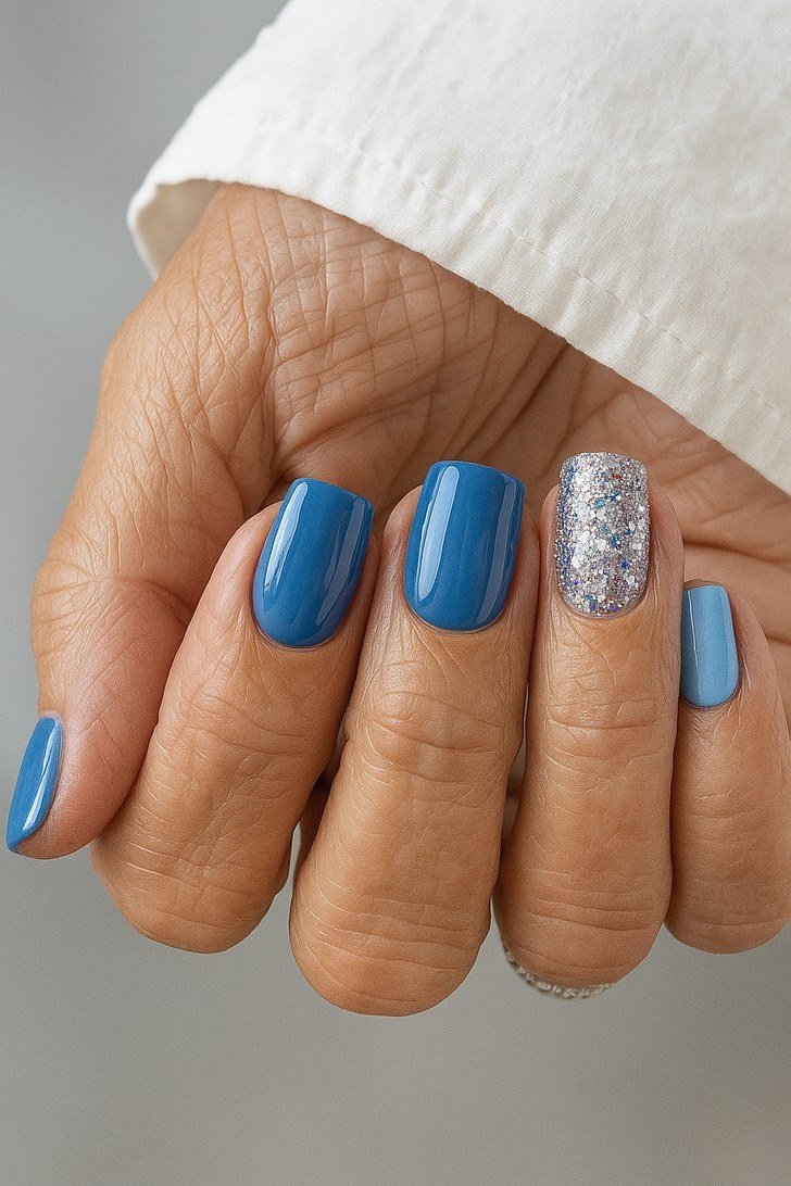 Cobalt blue silver glitter accent mature hand nails for women over 50