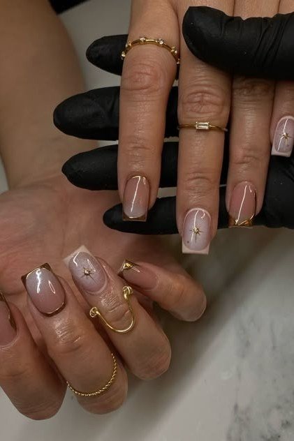Nude Almond Paired with Gold Rings - elegant nail art idea for mature hands, women over 50