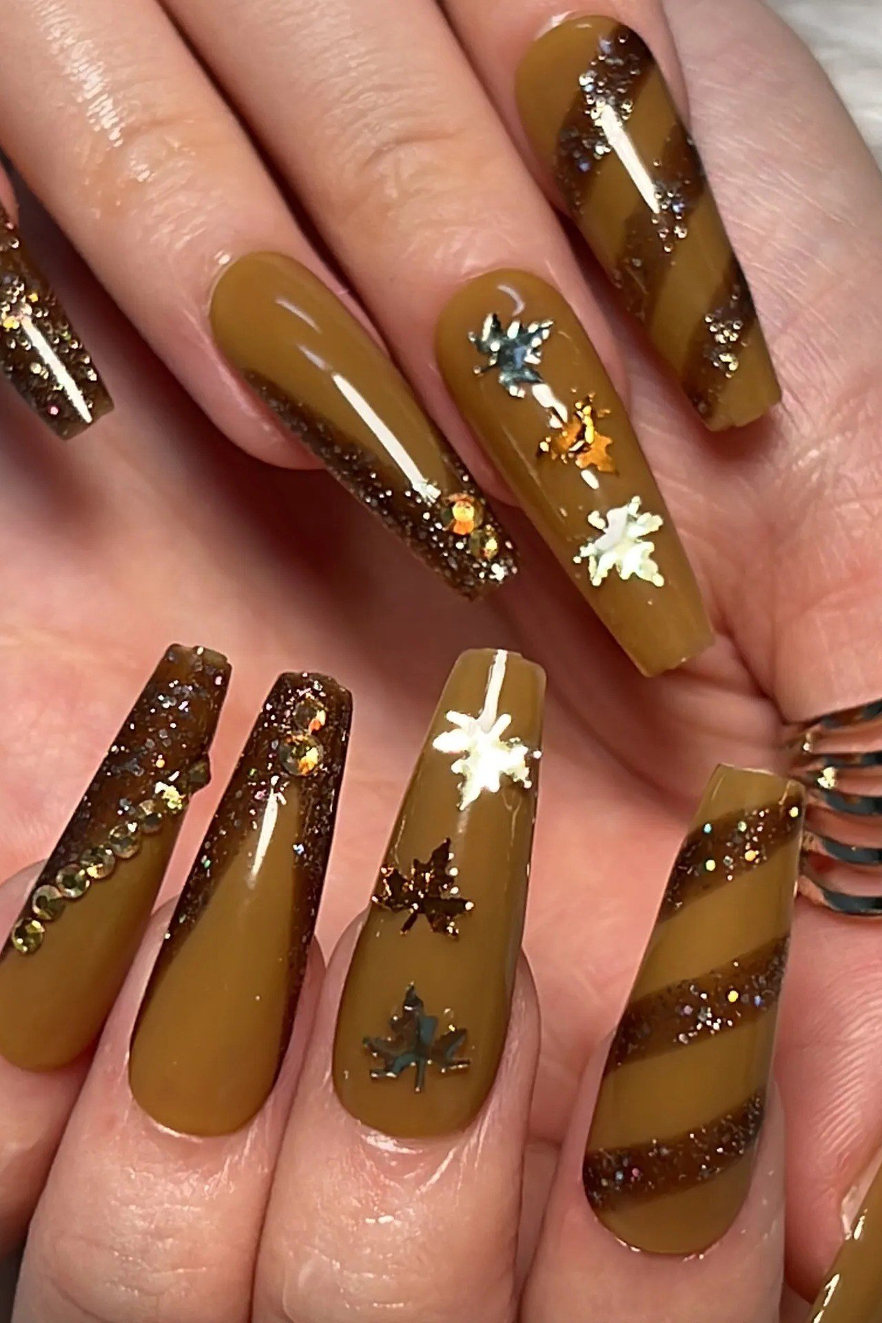Olive-Brown Nails with Glitter Tips and Leaf Art, chocolate brown fall nail design for women over 60