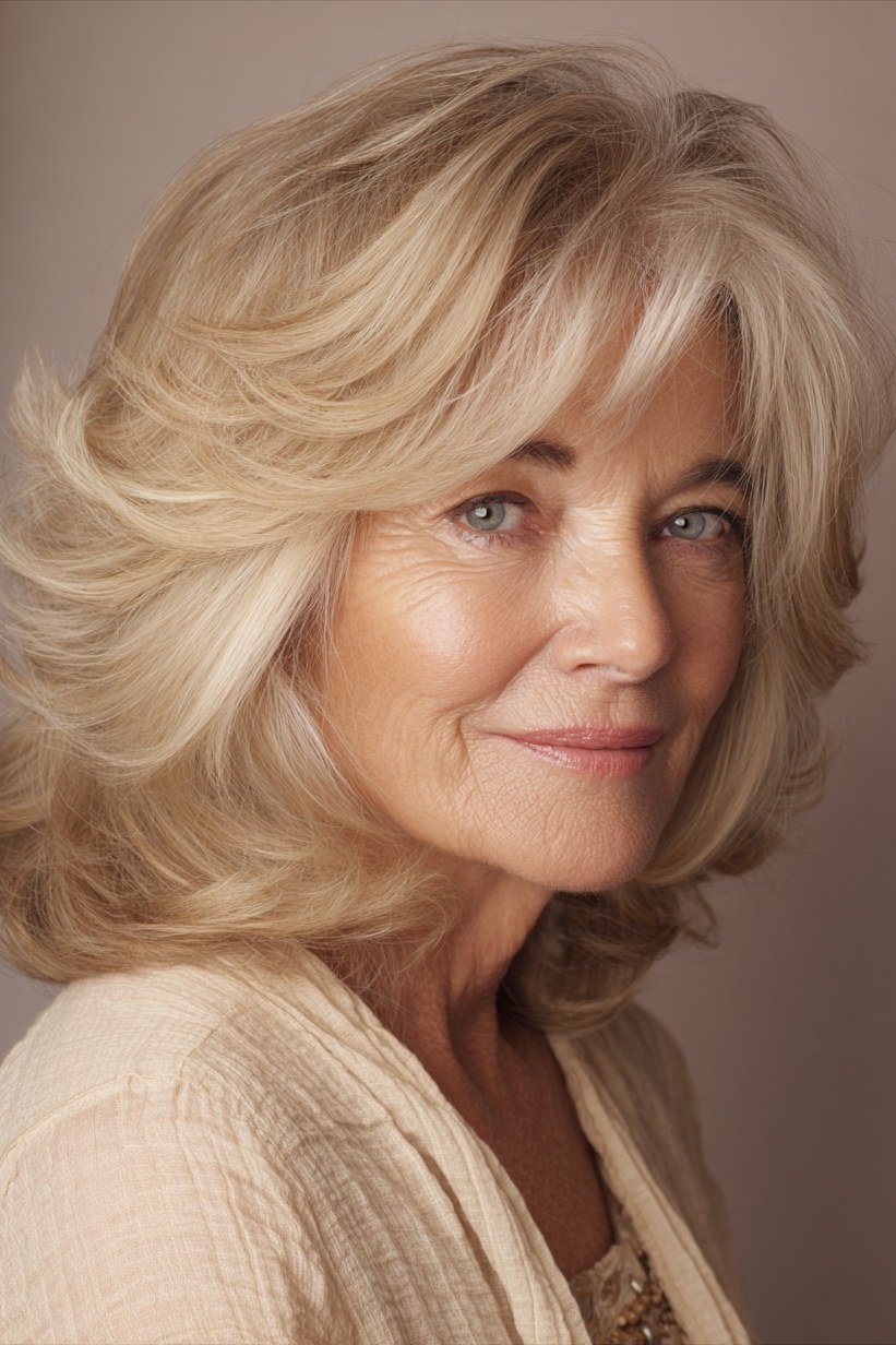 Blonde feathered medium layers, front 3/4 view, older woman, timeless hairstyle for women over 70