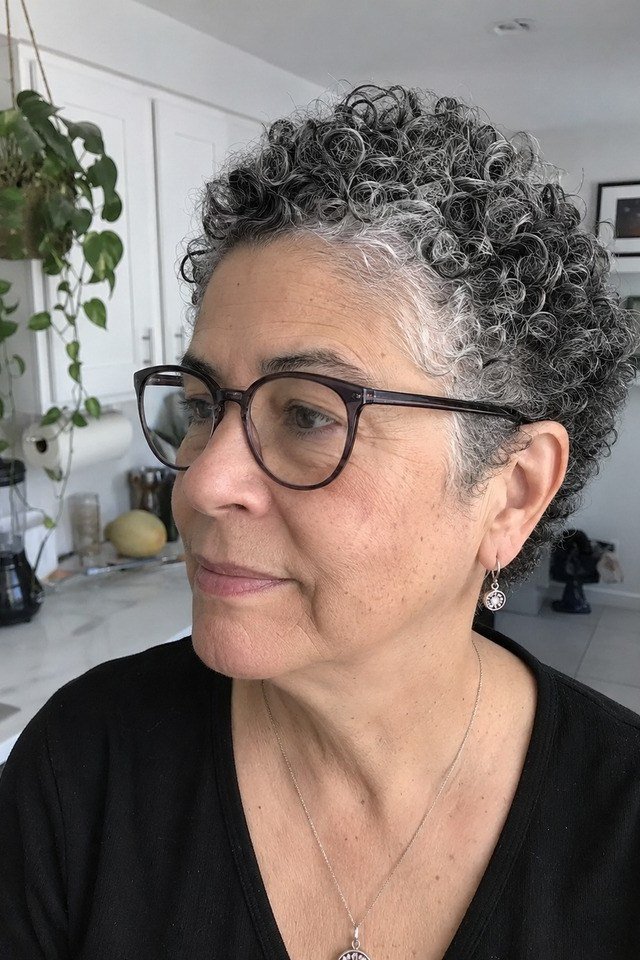 Short salt and pepper curly bixie haircut front view with glasses for women over 60