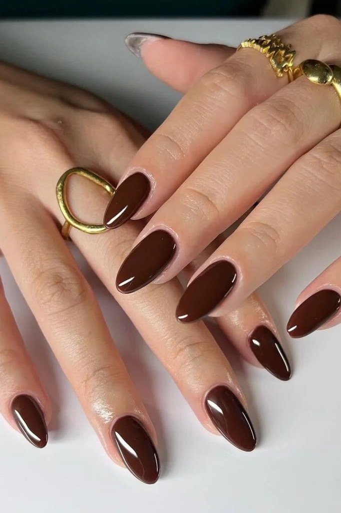 Chocolate Brown Glossy Almond Nails with Gold Rings - brown nail idea for women over 50