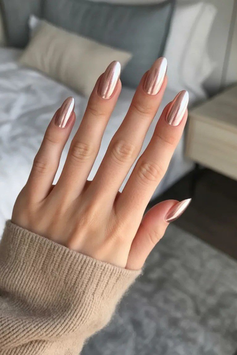 Glazed Nude Chrome on Long Almond Nails - chrome nail designs for women over 60