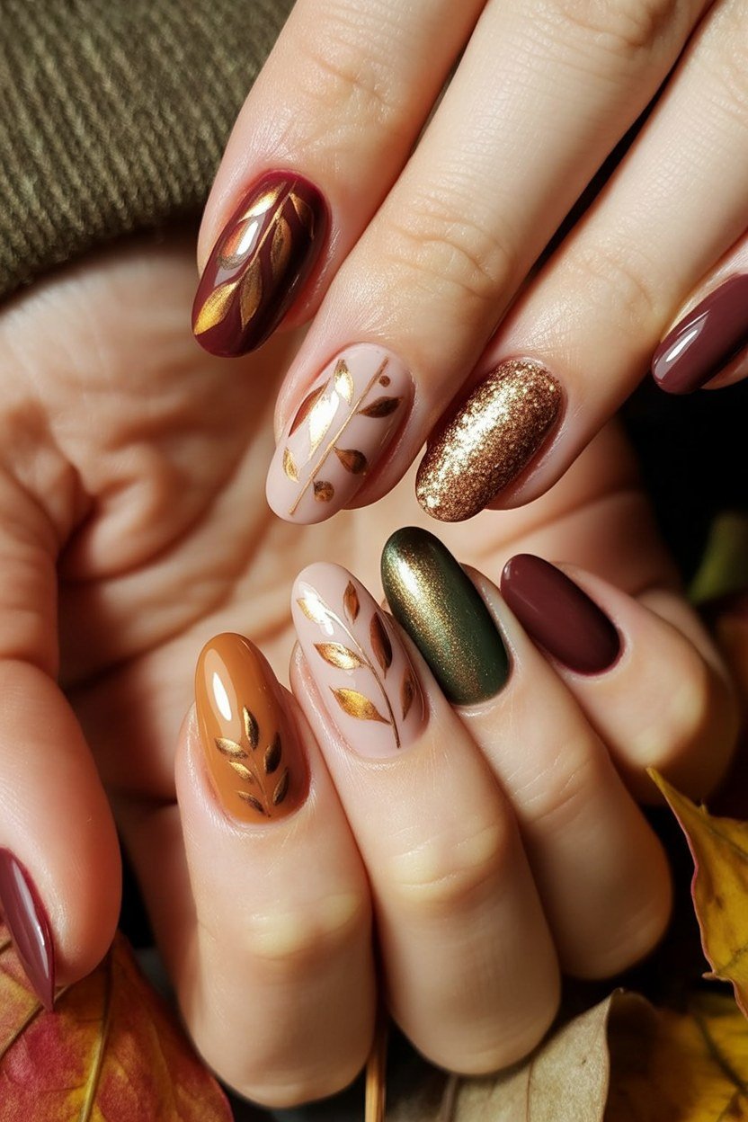 11. Mixed Harvest Nails With Copper Foil - Thanksgiving nail art idea for women over 50