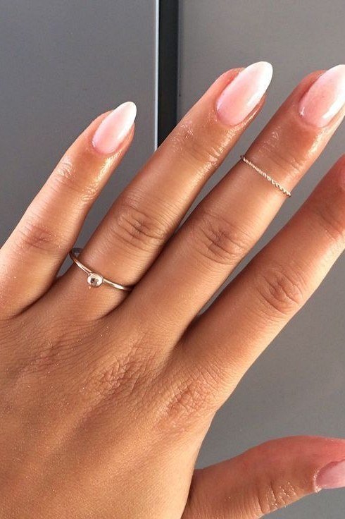 short square baby boomer nails with gold rings