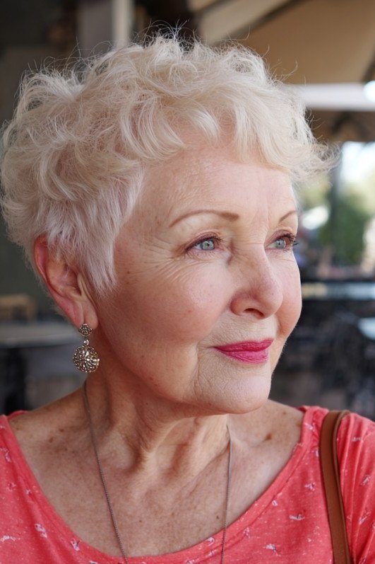White curly pixie haircut with soft volume and coral top for older women