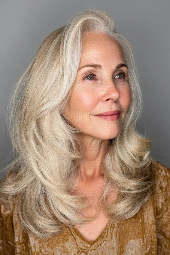Long silver-gray loose waves for women over 50