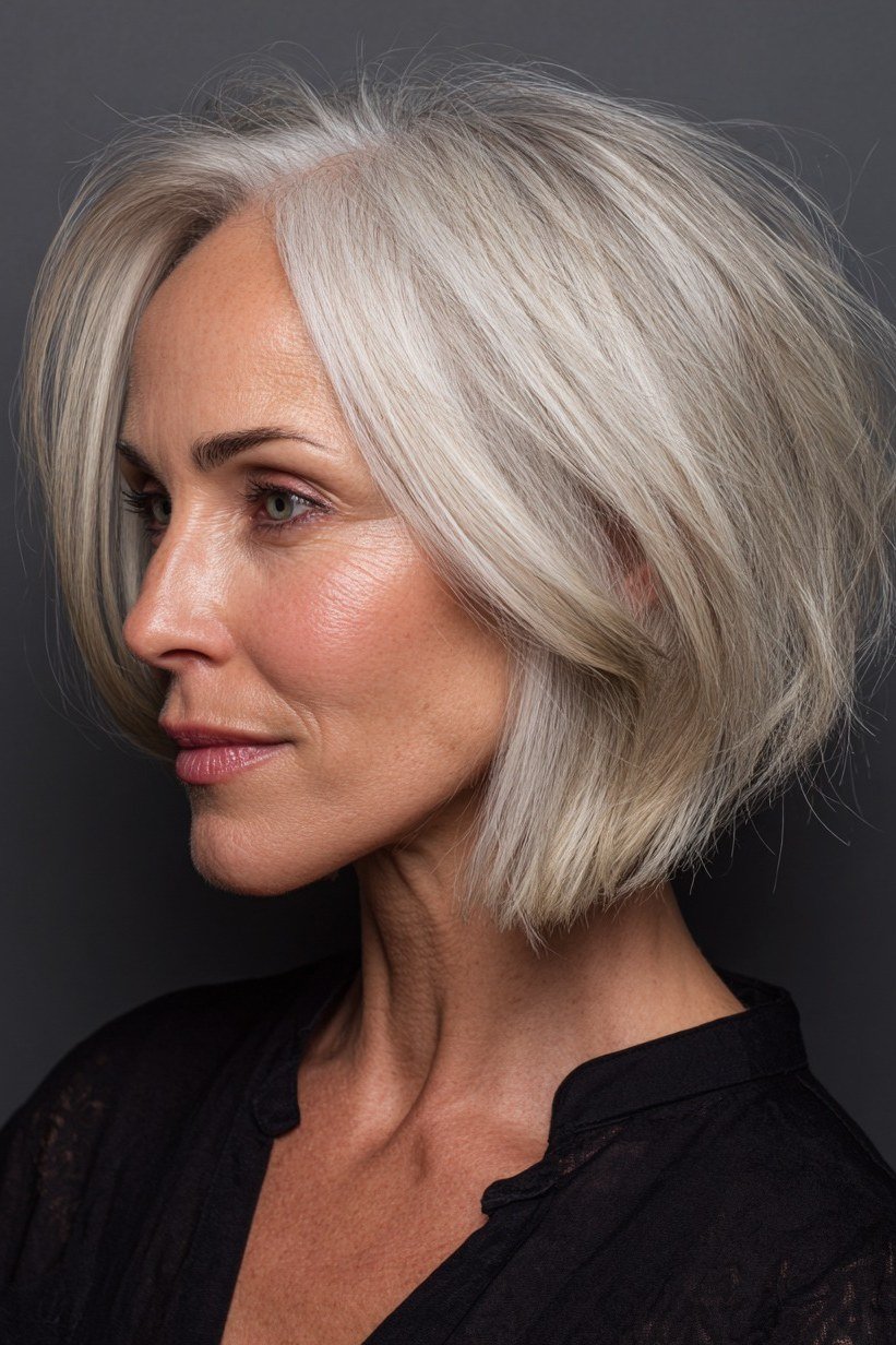 silver layered bob, 3/4 view — chin-length layered bob hairstyle for women over 50