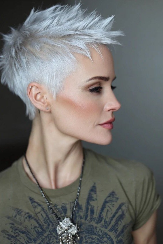 White Spiky Pixie, Side View - bold edgy pixie haircut for women over 50
