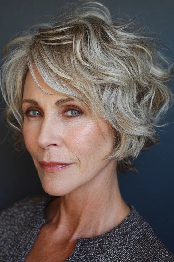 silver-grey curly textured bob side part - textured bob haircut idea for women over 60