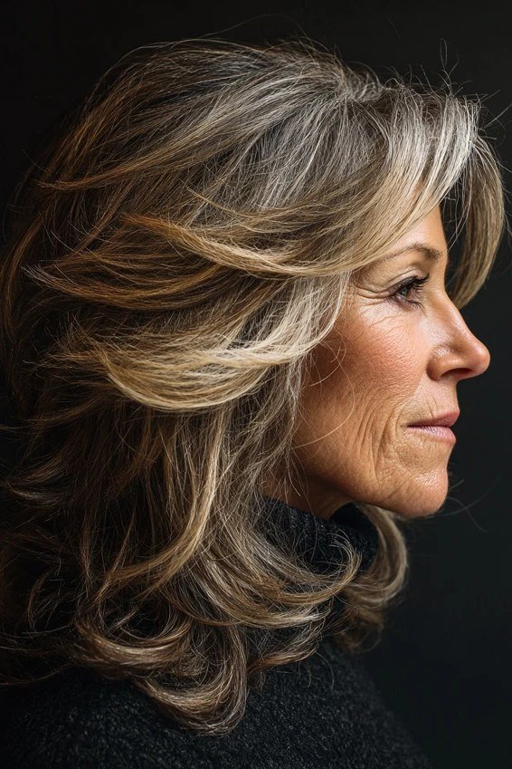 Brown-Grey Layered Butterfly Cut - butterfly cut hairstyle for women over 60