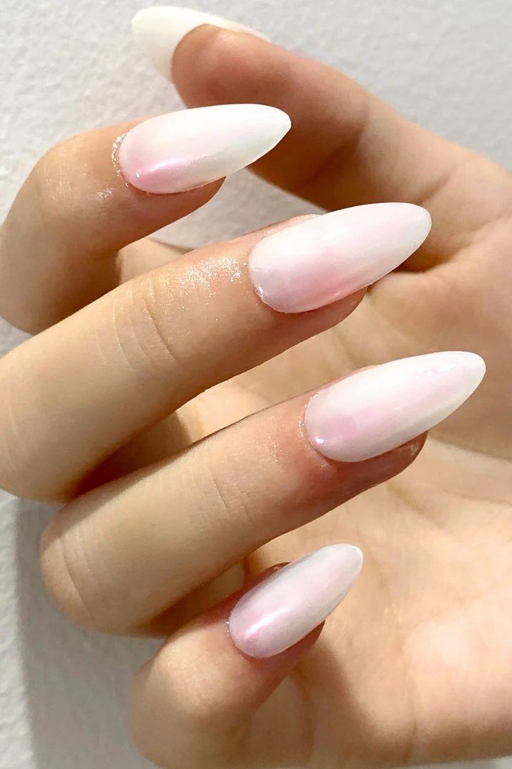 White Pearl Ombre Almond Nails - pearl finish nail idea for women over 60