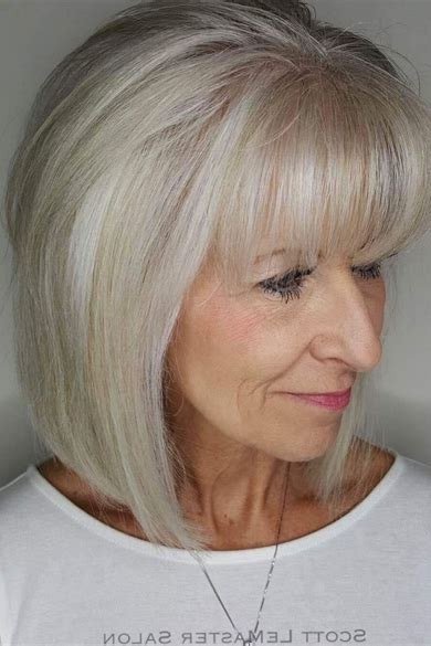 Platinum Chin Bob with Full Bangs - medium hairstyle for women over 60