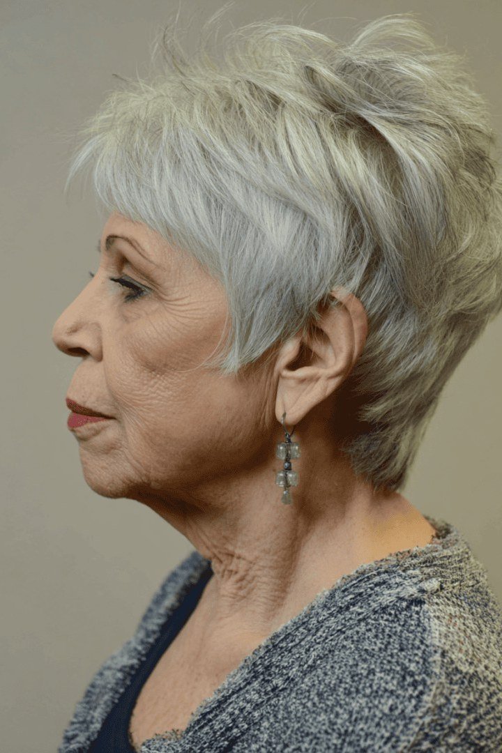 Wispy White Pixie hairstyle for women over 60