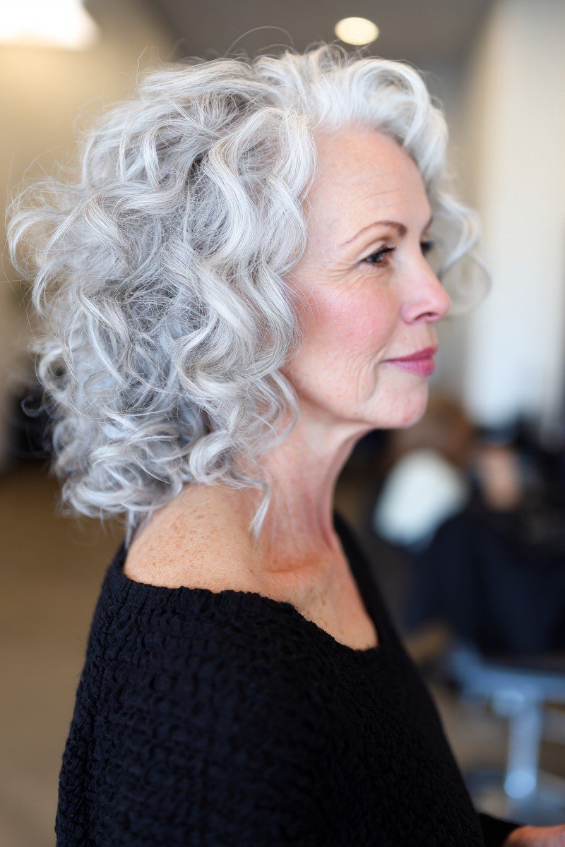Bouncy white curly lob, salon side view, mature woman