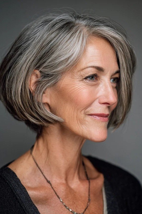 Silver angled bob with layers for mature women