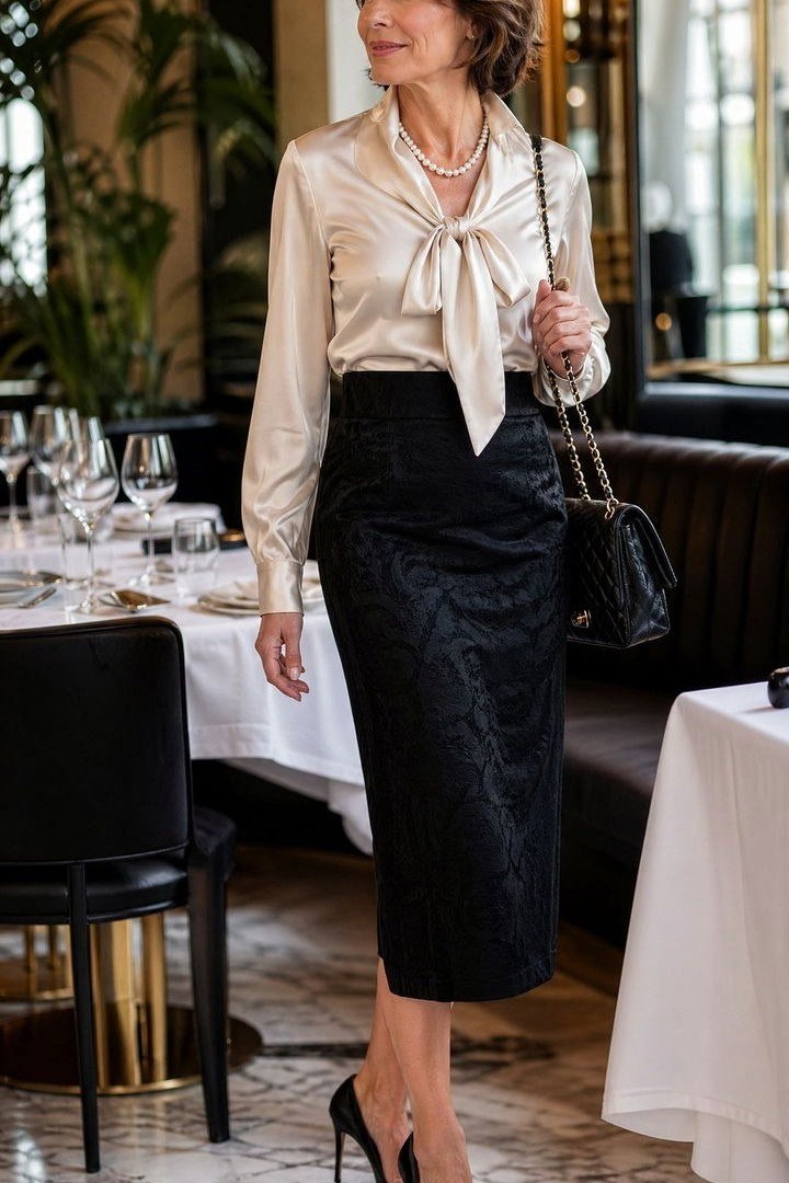 Woman in champagne satin tie-neck blouse with black lace pencil skirt