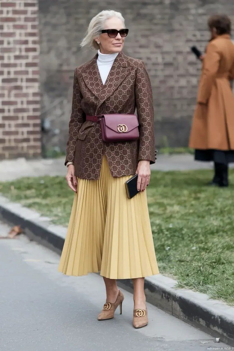 Tweed Blazer with Mustard Pleated Skirt - fall outfit for women over 40