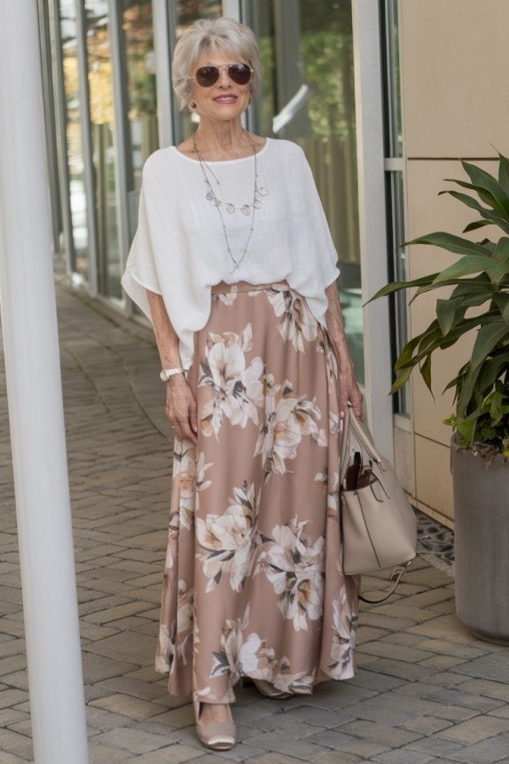 white top with beige floral maxi skirt, feminine fall outfit for women over 50