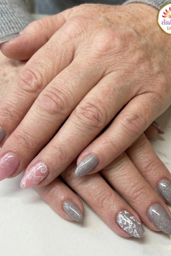 Grey silver almond nails with white floral art