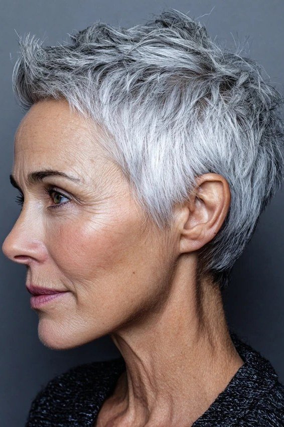 Silver pixie with soft layers, three-quarter view, micro pixie cut for women over 60 going silver